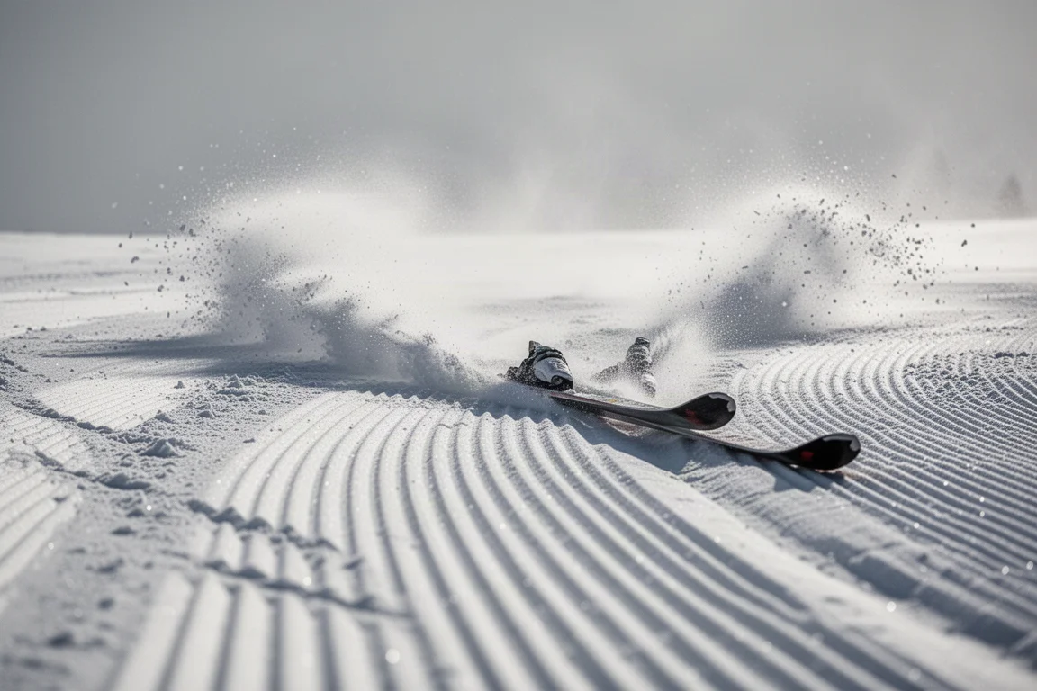 Vista en ángulo bajo de esquís trazando curvas sobre nieve pisada, con spray saliendo de las colas