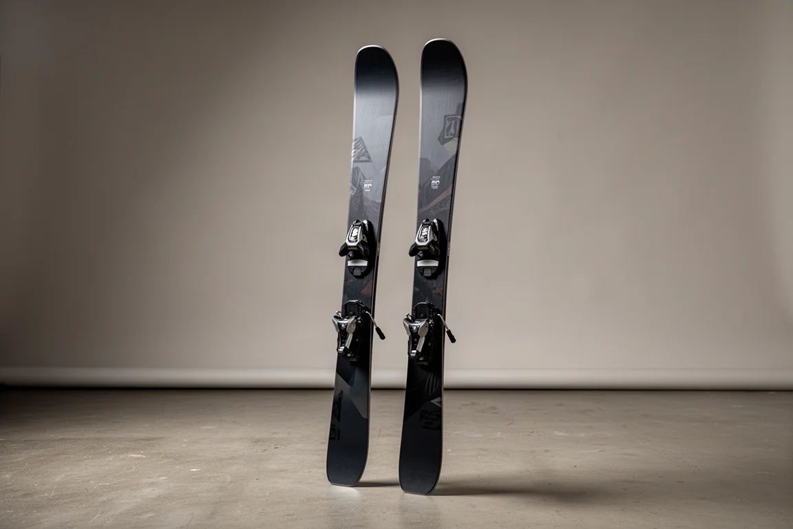 Pair of all-mountain skis standing upright on a concrete floor against a grey backdrop