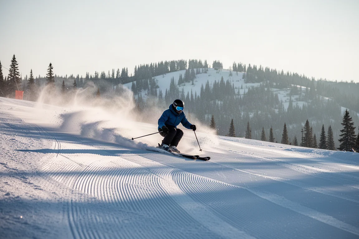 Åkare som carvar en sväng med medelradie i nypreparerad piste i tidig morgonljus