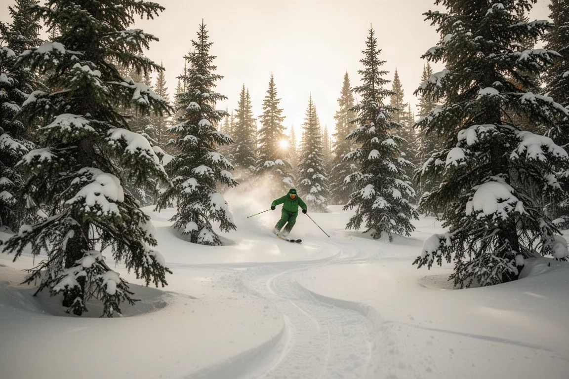 Åkare som slingrar sig mellan snötäckta barrträd på en mjuk off-piste-linje