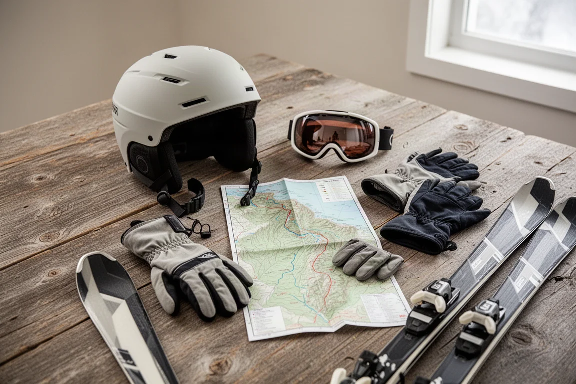 Skidhjälm, goggles, handskar och pistkarta upplagda på väderbitet trä