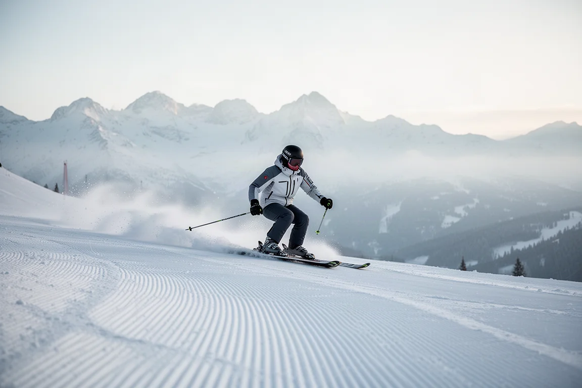 Alpin åkare carvar över en preparerad backe i mjukt morgonljus