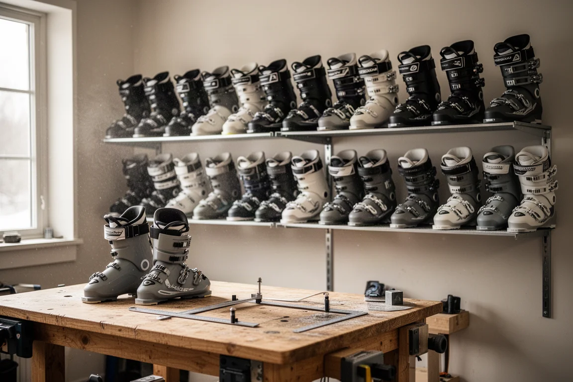 Boot-fitting workshop wall lined with rows of alpine ski boots above a workbench