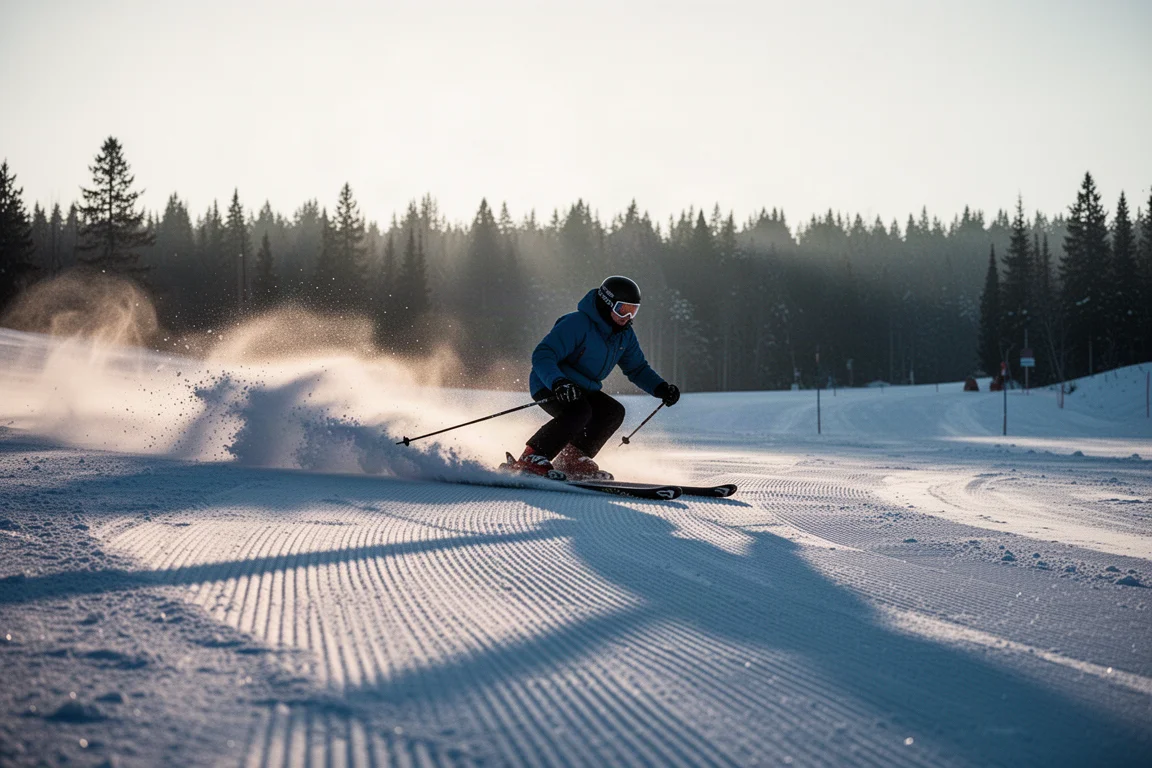 Skier carving a hard turn on a groomed piste at first light, snow spraying
