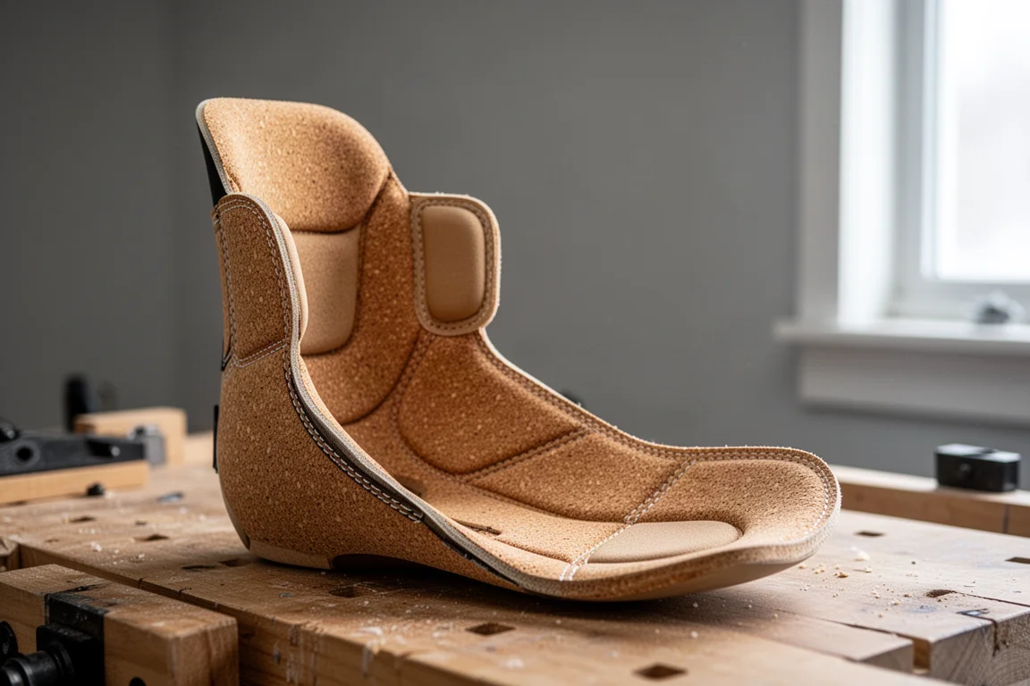 Close-up of a cork-toned heat-moldable ski boot liner on a wooden workbench