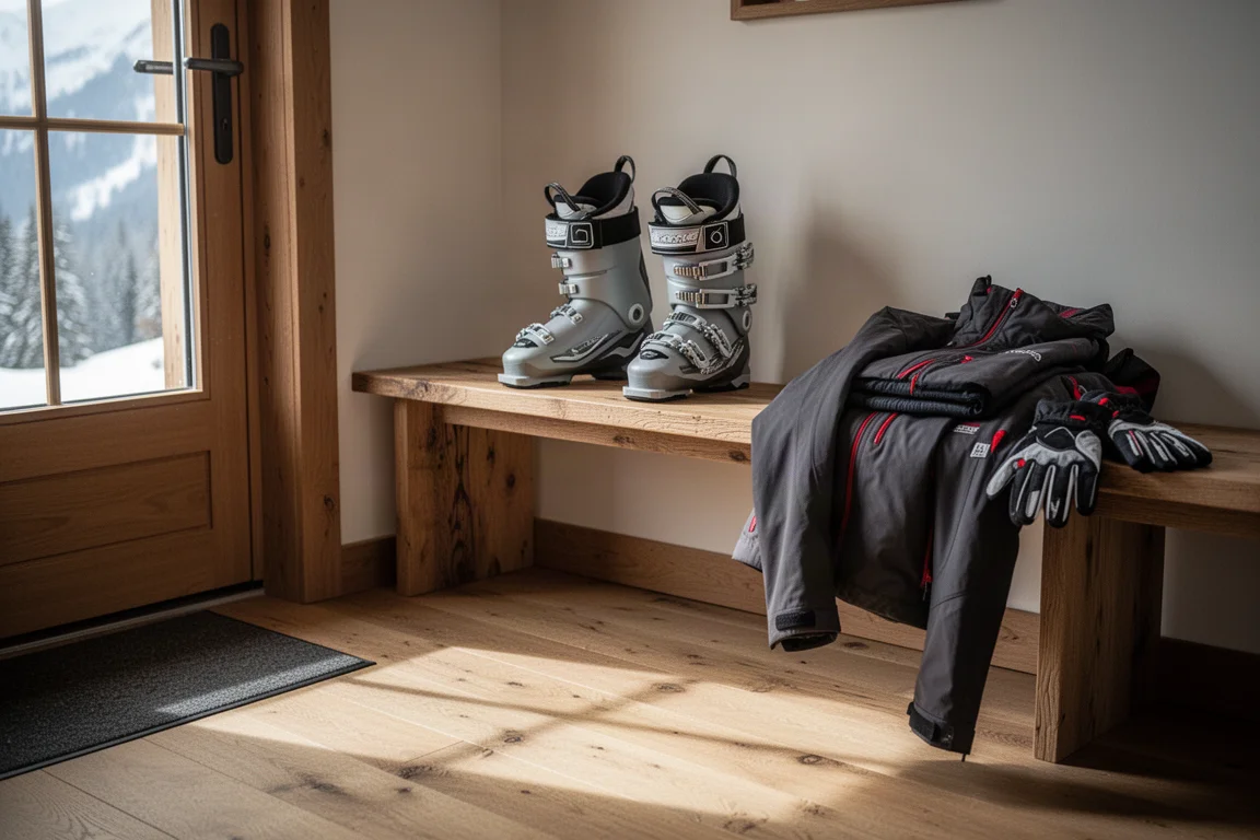 Pair of ski boots on a lodge bench beside a jacket and gloves in morning light
