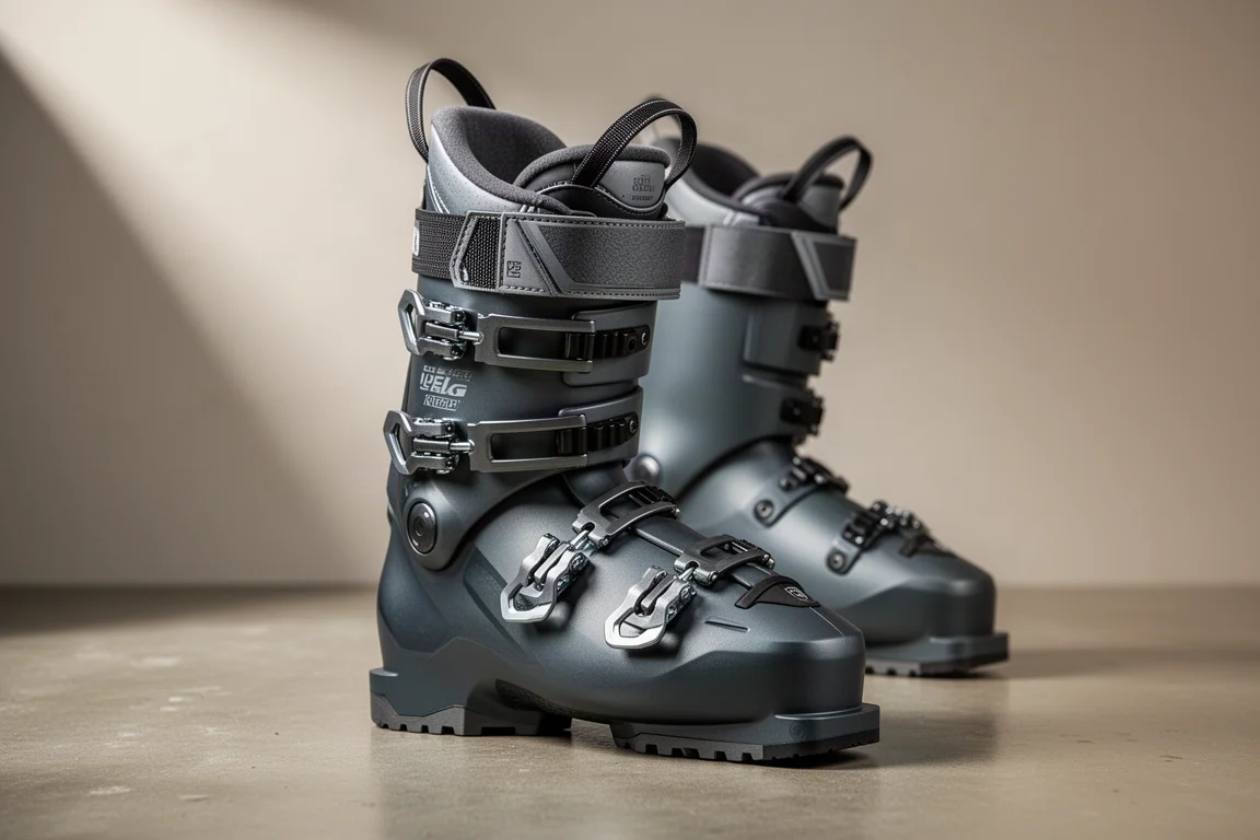 Scarpone da sci alpino a volume ridotto con quattro gancetti e power strap su una superficie di cemento