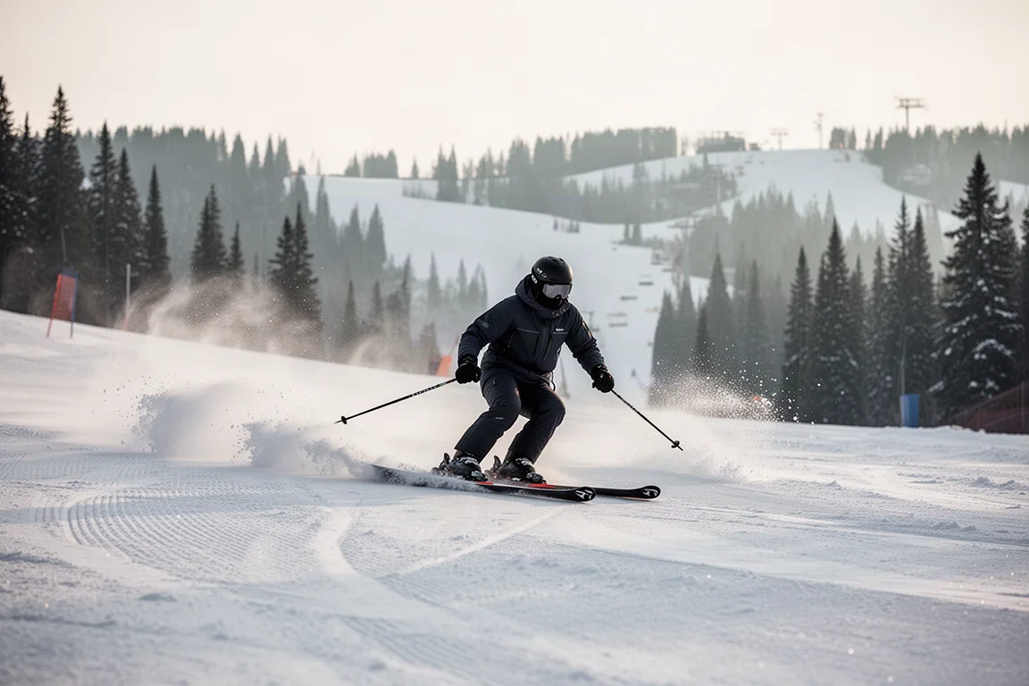 Skier carving a mid-radius turn on a freshly groomed run in cool morning light