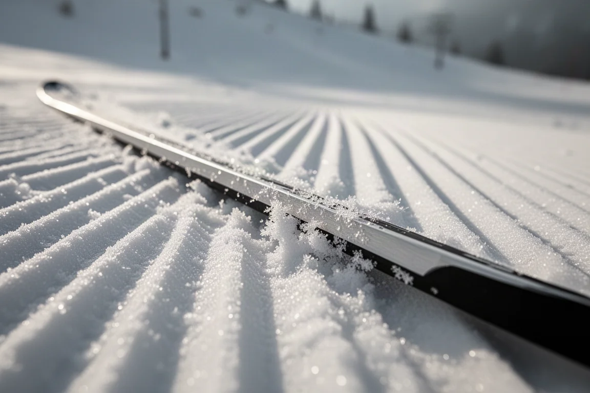 Low-angle close-up of a ski edge cutting into corduroy groomer lines