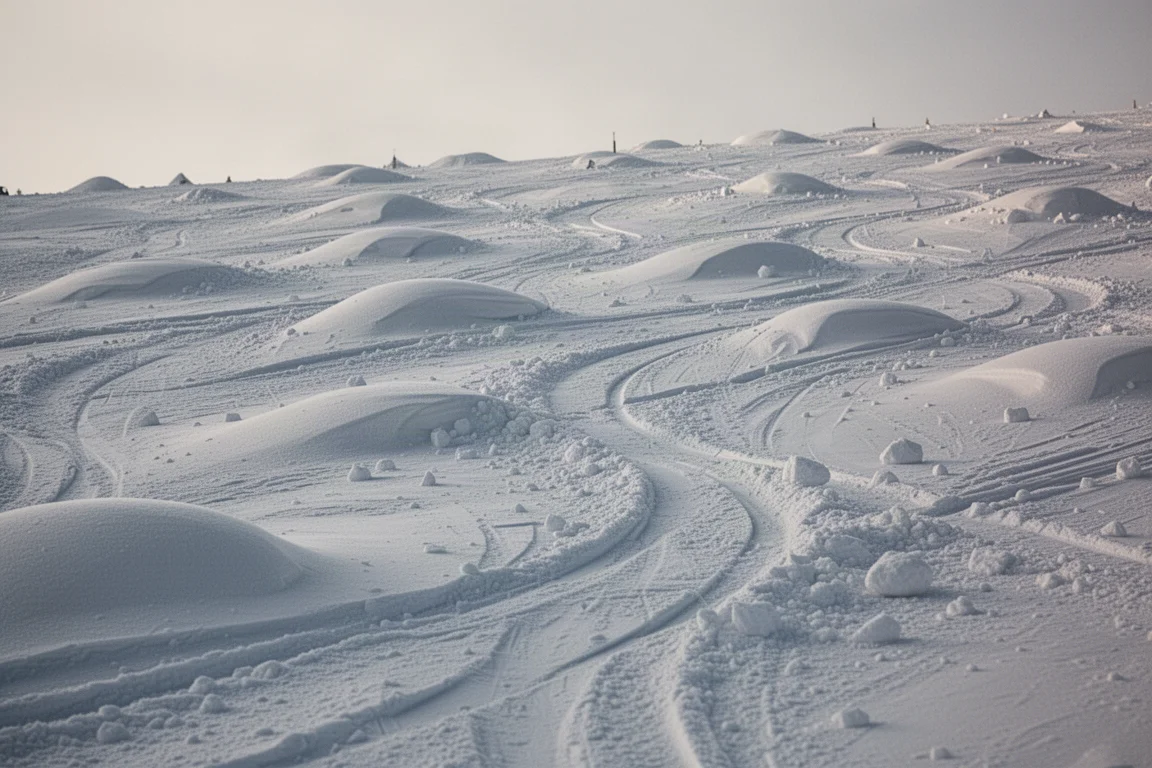 Chopped resort slope with rounded bumps and moguls under flat afternoon light