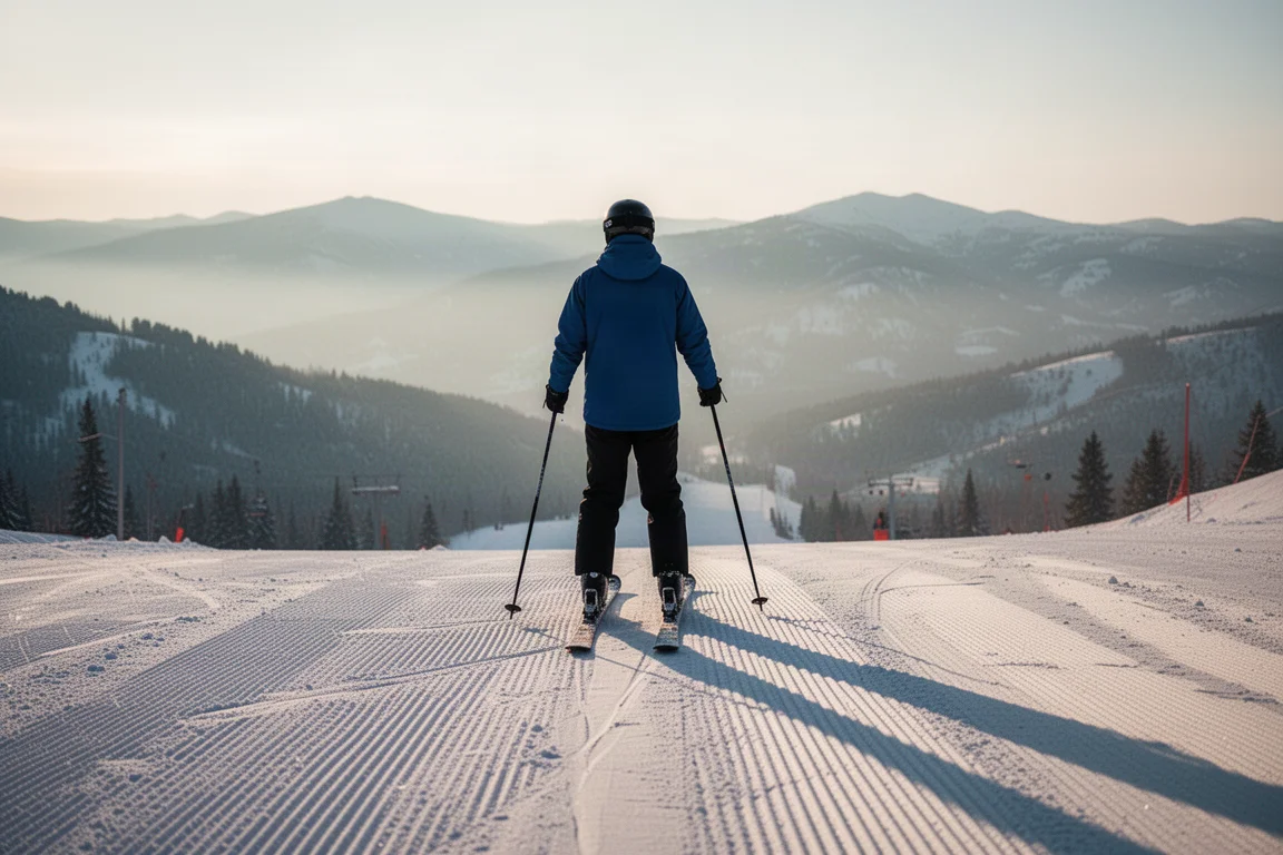 Skier seen from behind standing at the top of a groomed descent at late afternoon