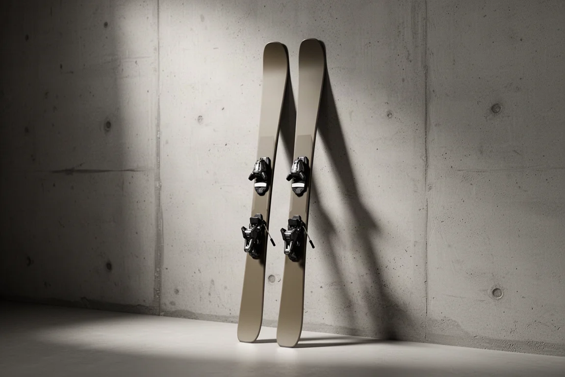 Pair of plain matte alpine skis with bindings leaning against a concrete wall