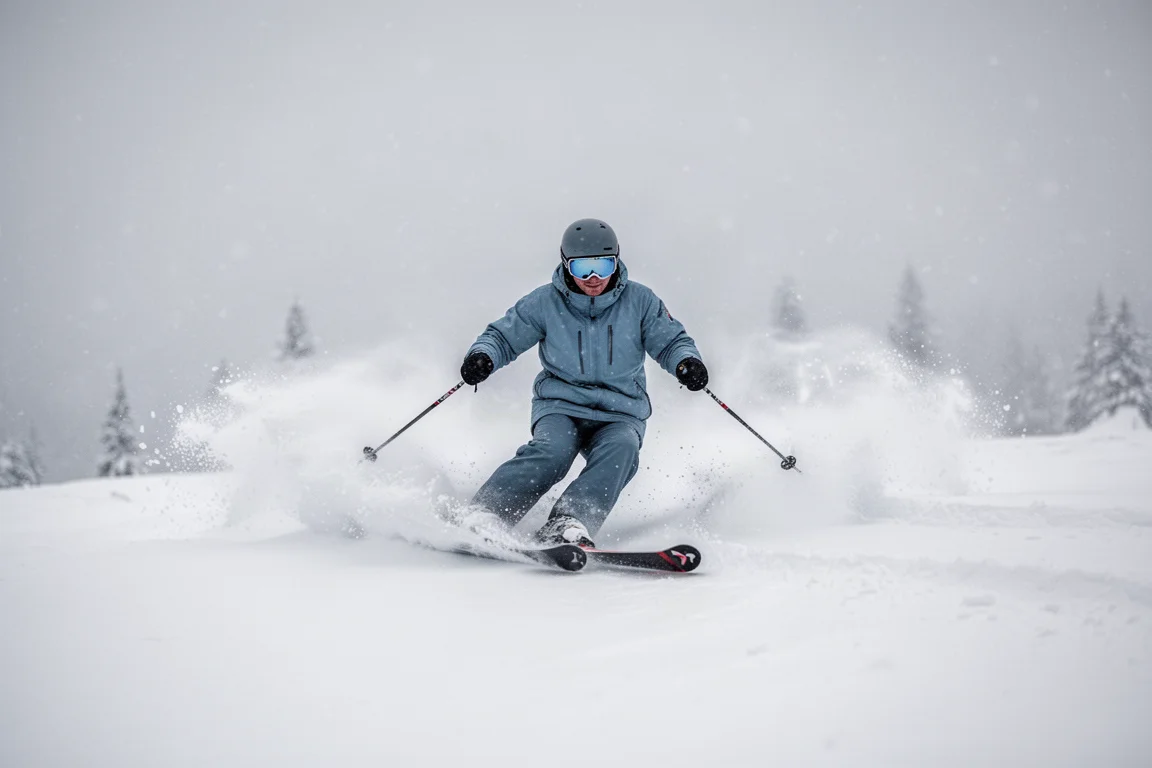 Esquiador fazendo curvas divertidas em neve fofa