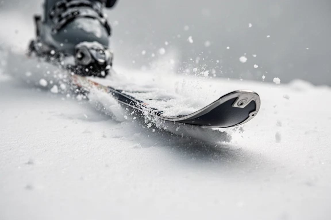 Close-up da borda de um esqui cravando na neve compactada