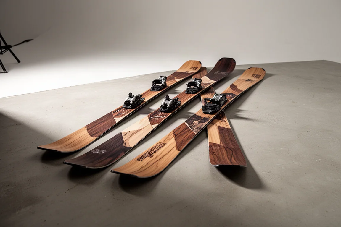Three freeride skis side by side on a concrete studio surface