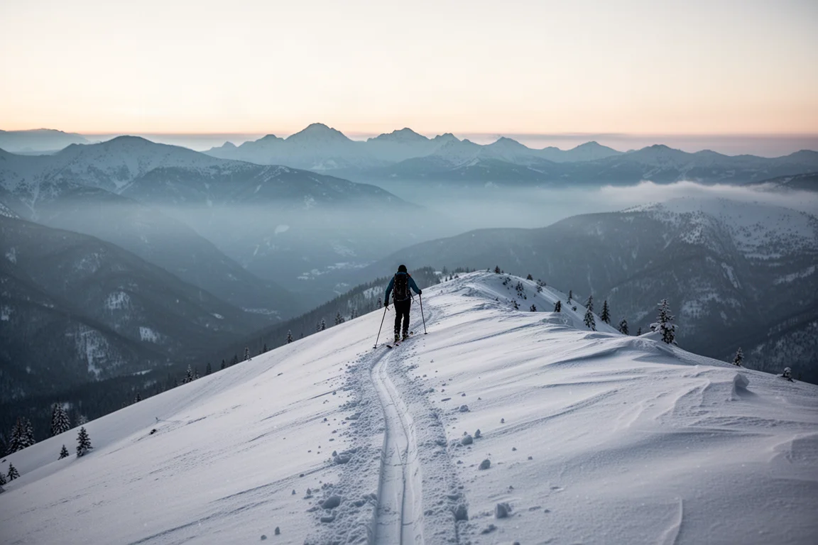 Backcountry skier skinning up a ridgeline at dawn with mist in the valley below