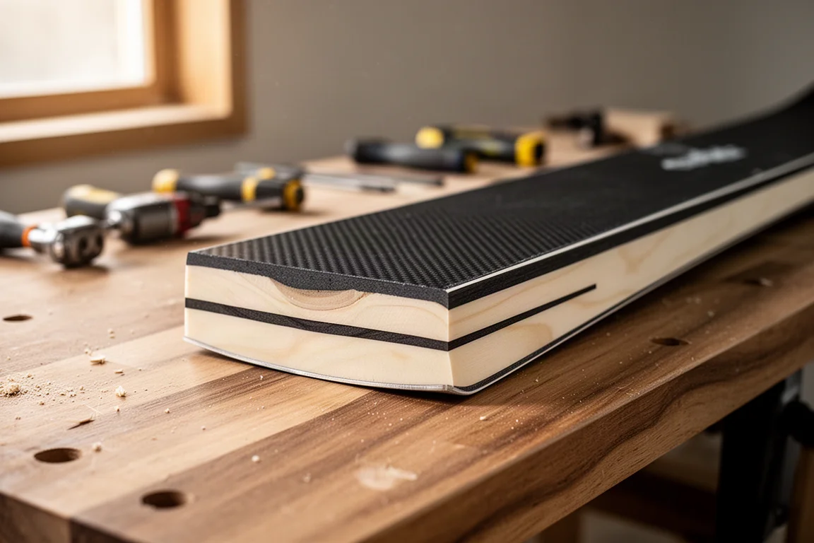 Cross-section of a ski layup showing a light wood core and carbon layers on a workbench