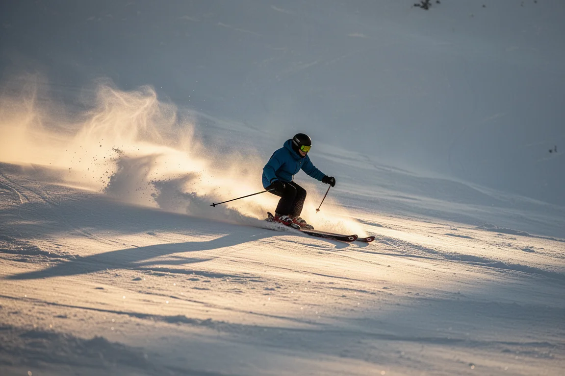 Touring skier descending a soft snow slope with light spray at golden hour