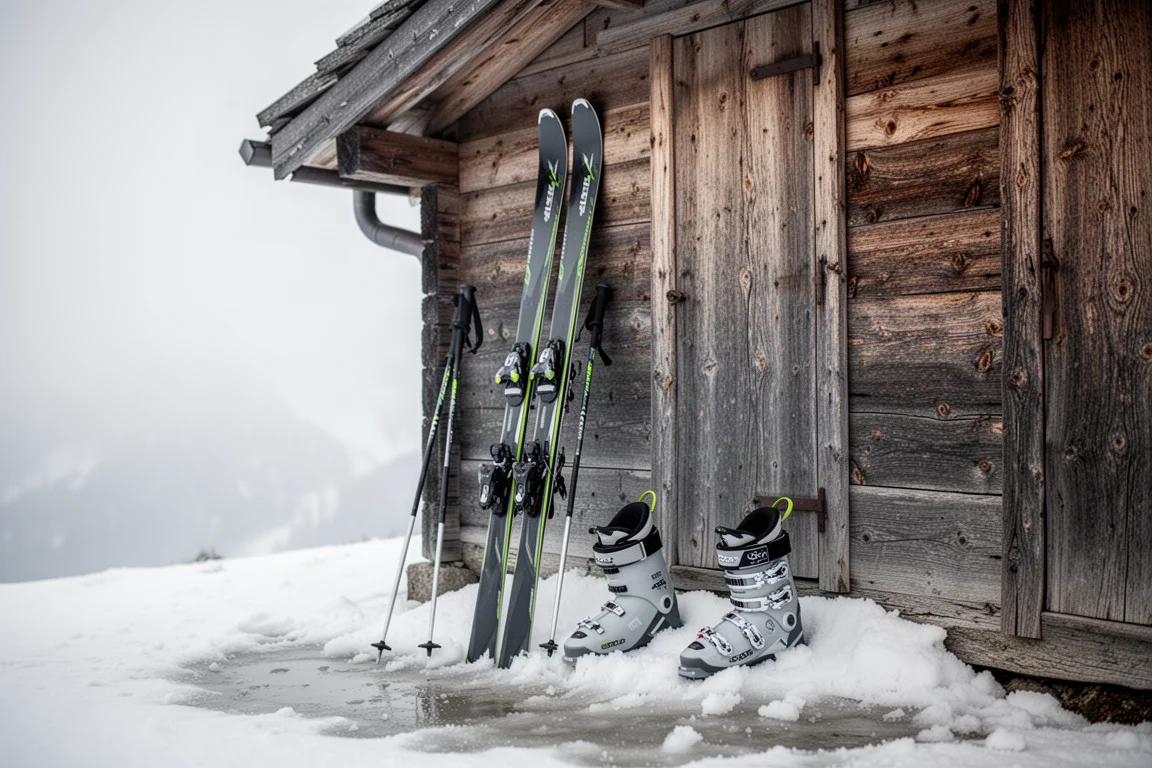 Pair of touring skis, poles and boots leaning against a wooden mountain hut wall