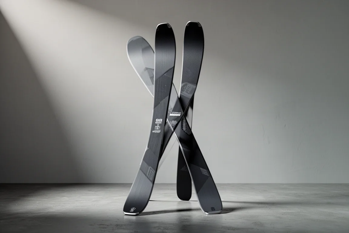 Paire de skis de randonnée étroits en carbone dressés sur une surface de béton mat