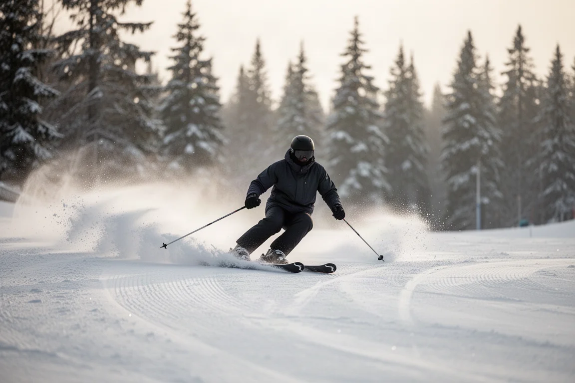 Skier carving a long turn on a groomed piste in soft early morning light