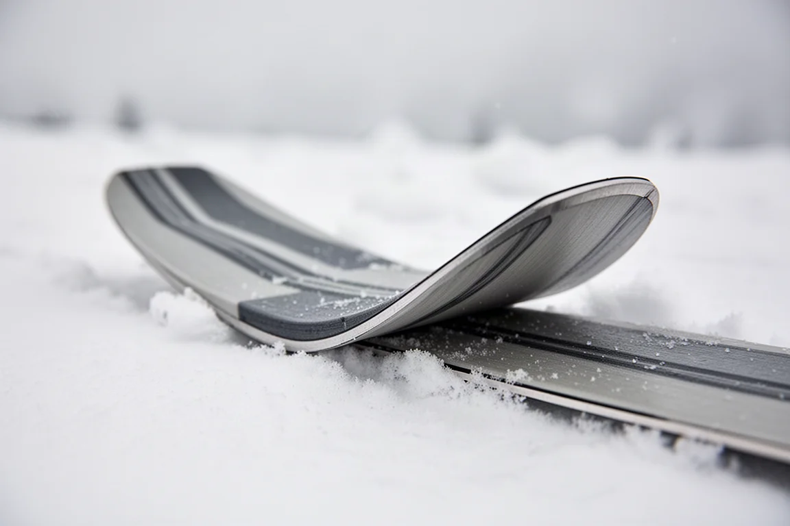 Close detail of a ski tail resting on packed snow showing sidewall and edge