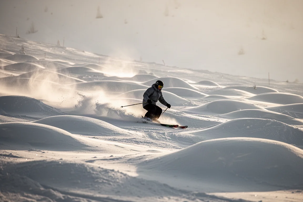 Skier making short turns through a mogul field on a sunny slope