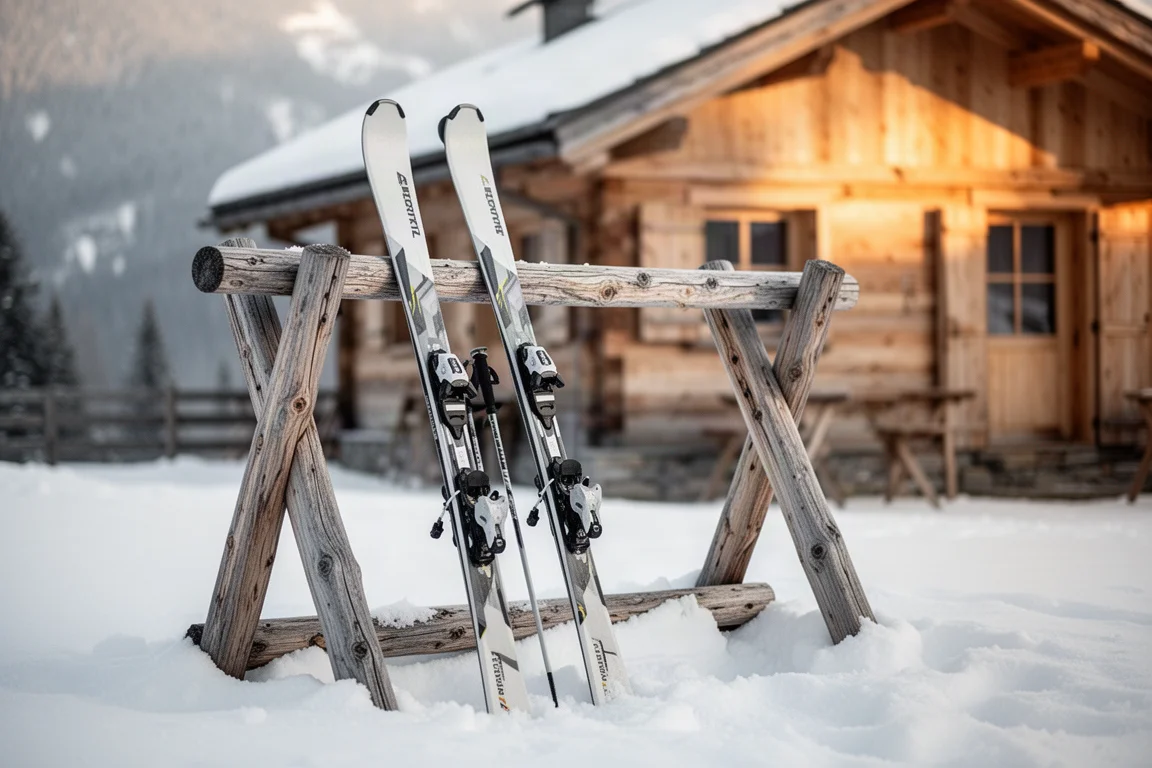Pair of skis leaning against a wooden ski rack outside a mountain lodge