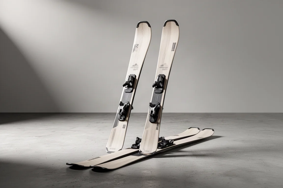 Pair of all-mountain skis standing upright on a matte concrete surface in soft studio light