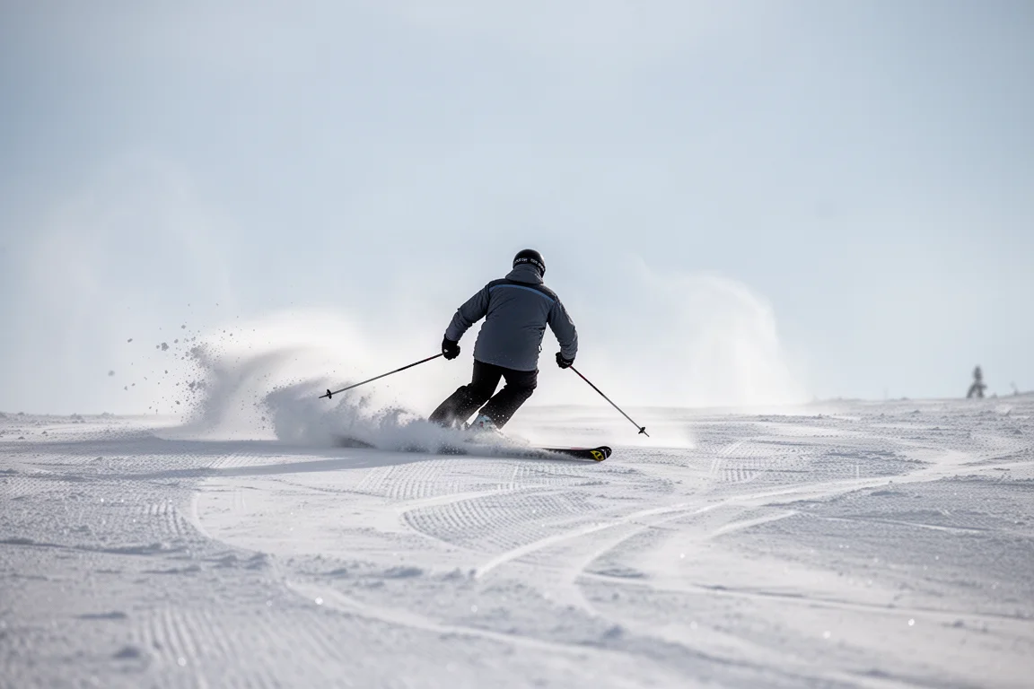 Skidåkare gör snabba korta svängar genom mjuk snö i en anläggning