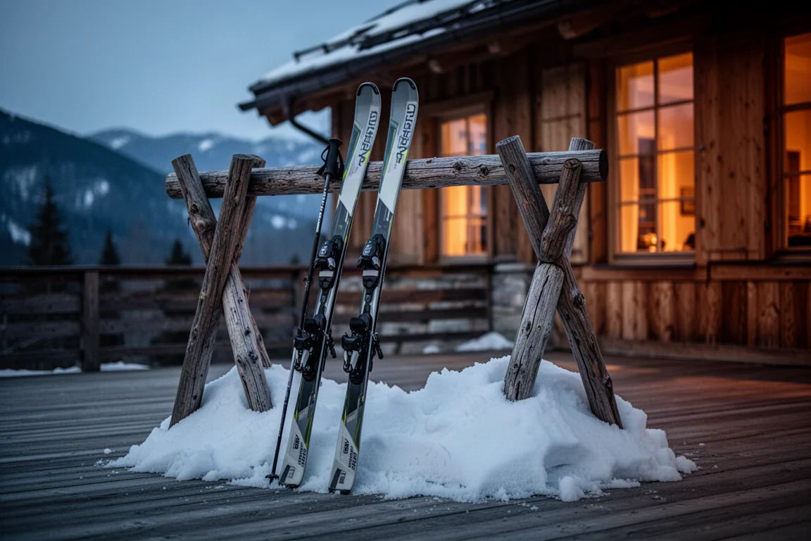 Par med skidor och stavar vilande i snön utanför en fjällstuga