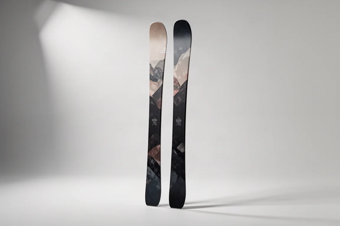 Pair of women's all-mountain alpine skis standing upright on a matte concrete surface