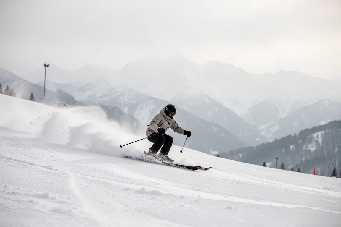 Skier carving a long turn on a groomed slope with firm snow underfoot