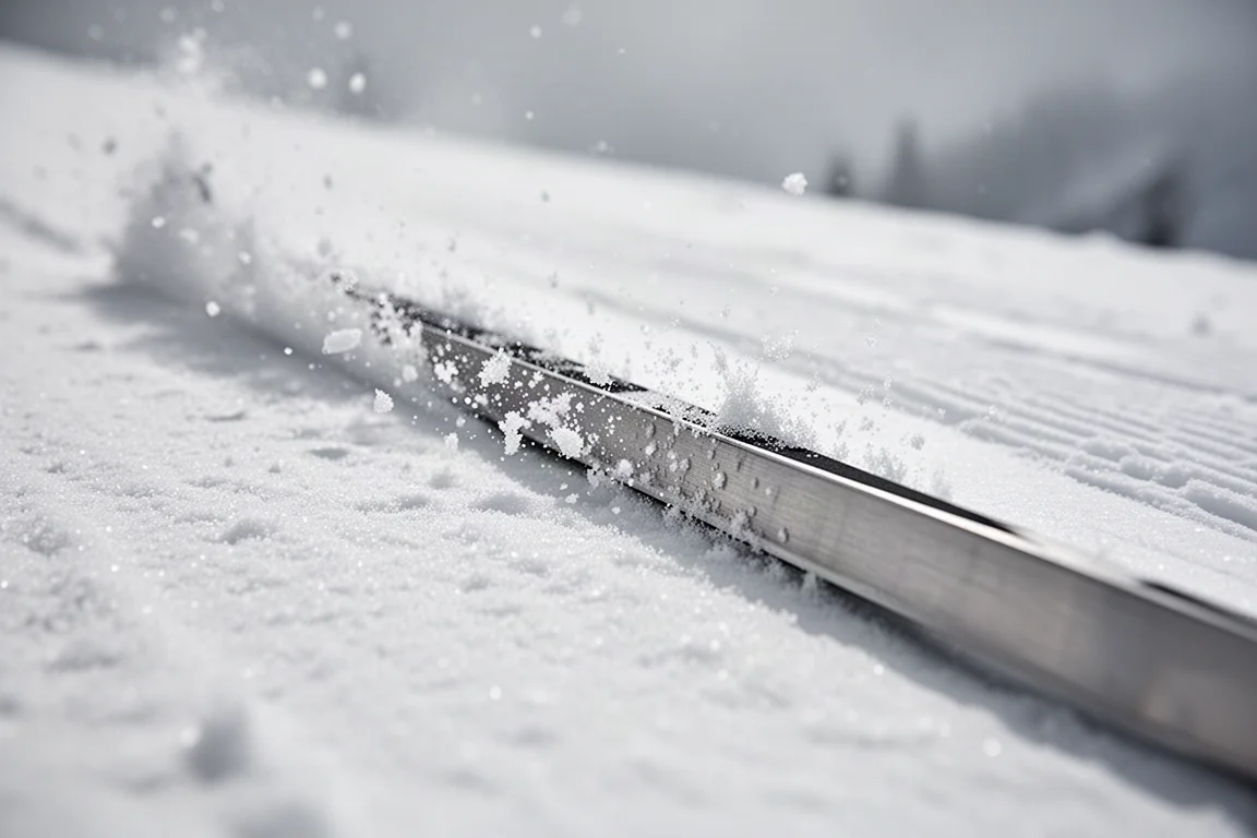 Close-up of ski edge cutting into firm groomed snow at speed