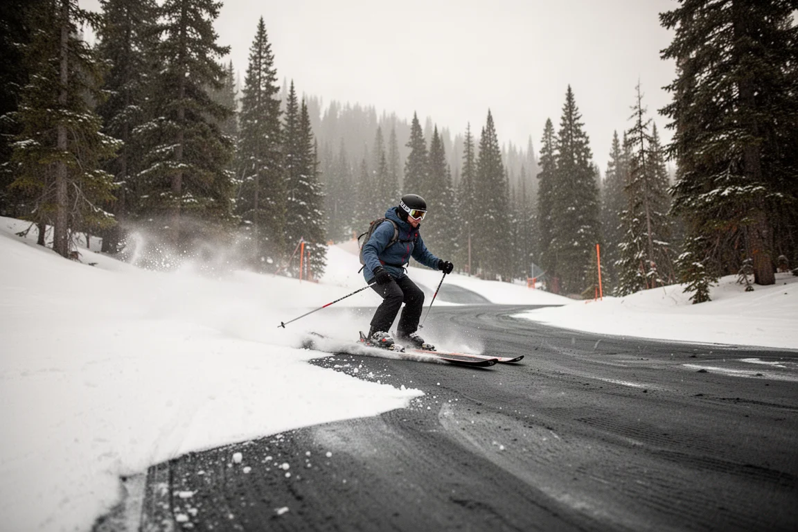 Skier transitioning from soft fresh snow onto firmer snow on a tree-lined run