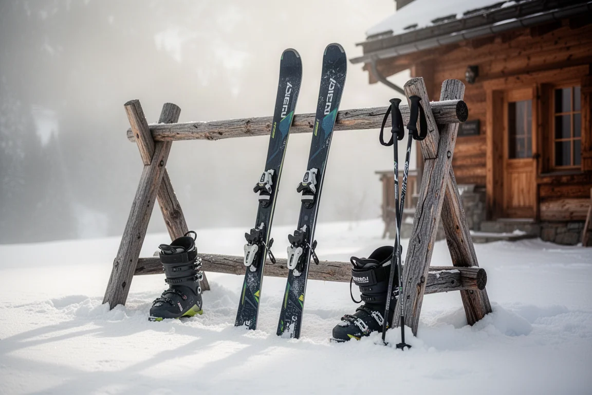 Pair of all-mountain skis leaning against a wooden rack outside a lodge