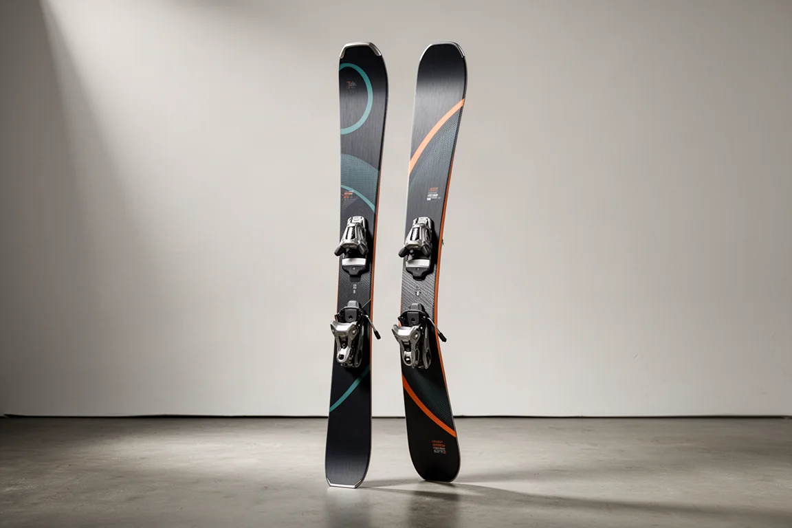 Pair of dark all-mountain skis standing upright on a matte concrete surface against a grey backdrop