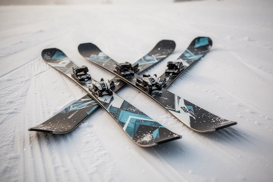 Two women's all-mountain skis laid flat side by side on snow showing differing graphics