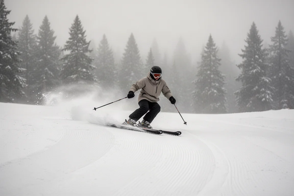 Skier carving smooth turns on a groomed piste