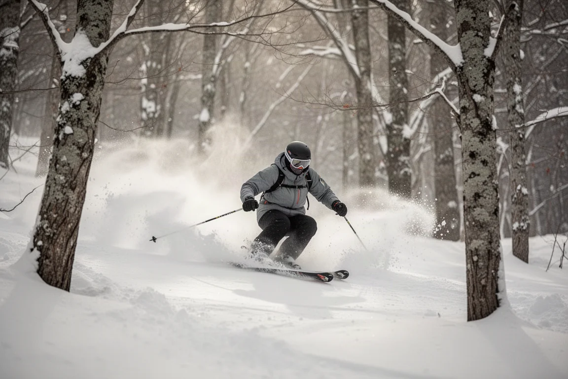 Skier weaving playful turns through a snowy tree run