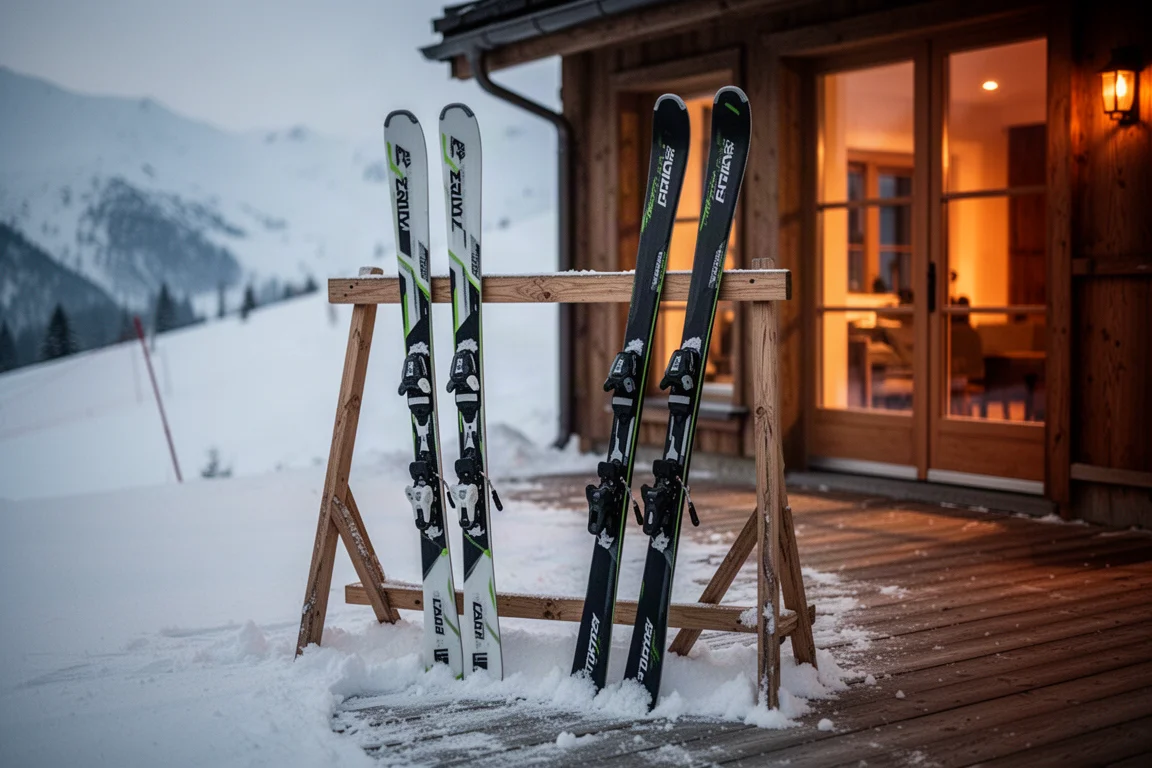 Pair of skis resting on a wooden rack outside a ski lodge at dusk