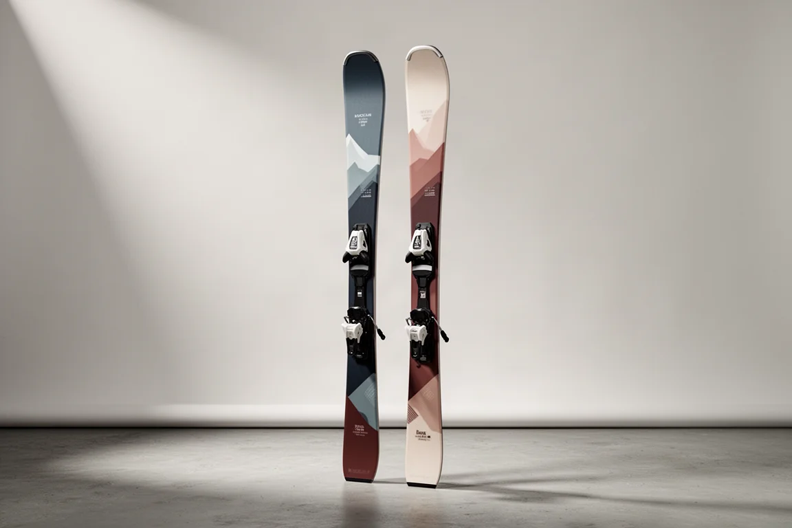 Deux skis all-mountain féminins dressés verticalement sur fond gris neutre