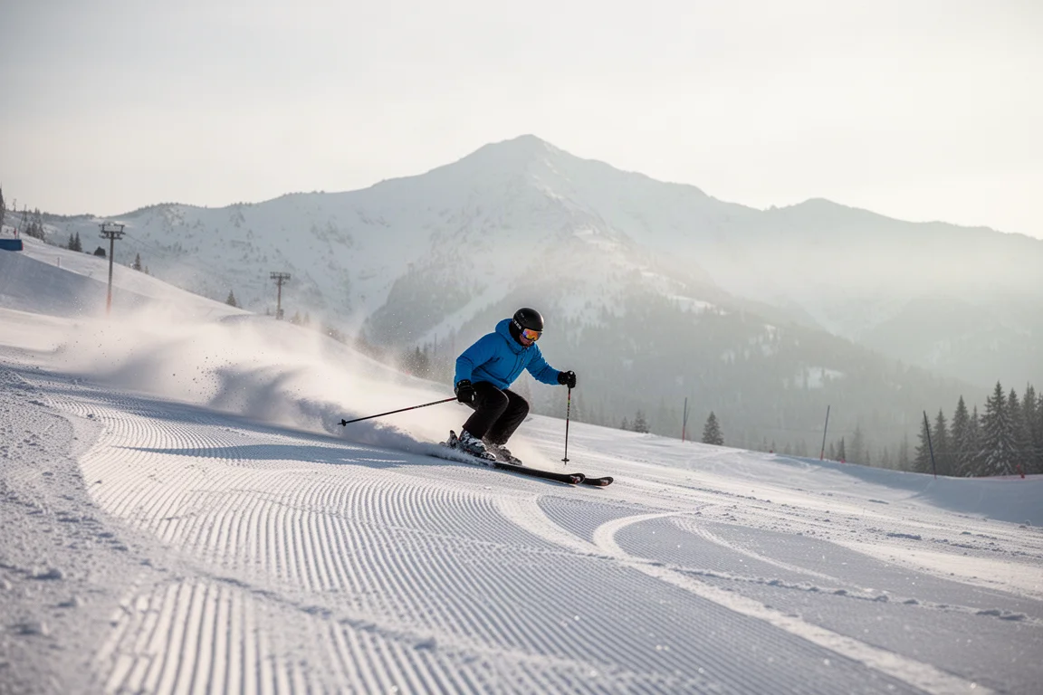 Skier carving down a freshly groomed ski slope in soft morning light