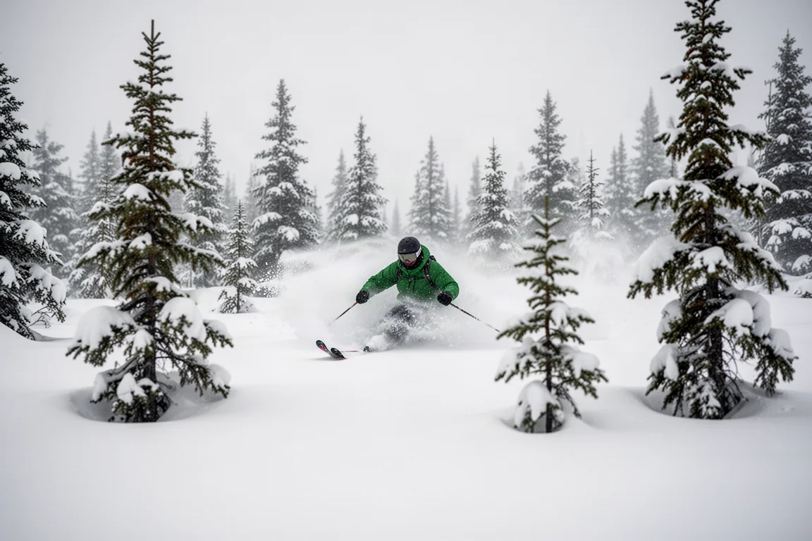 Skier weaving through trees in deep soft powder snow