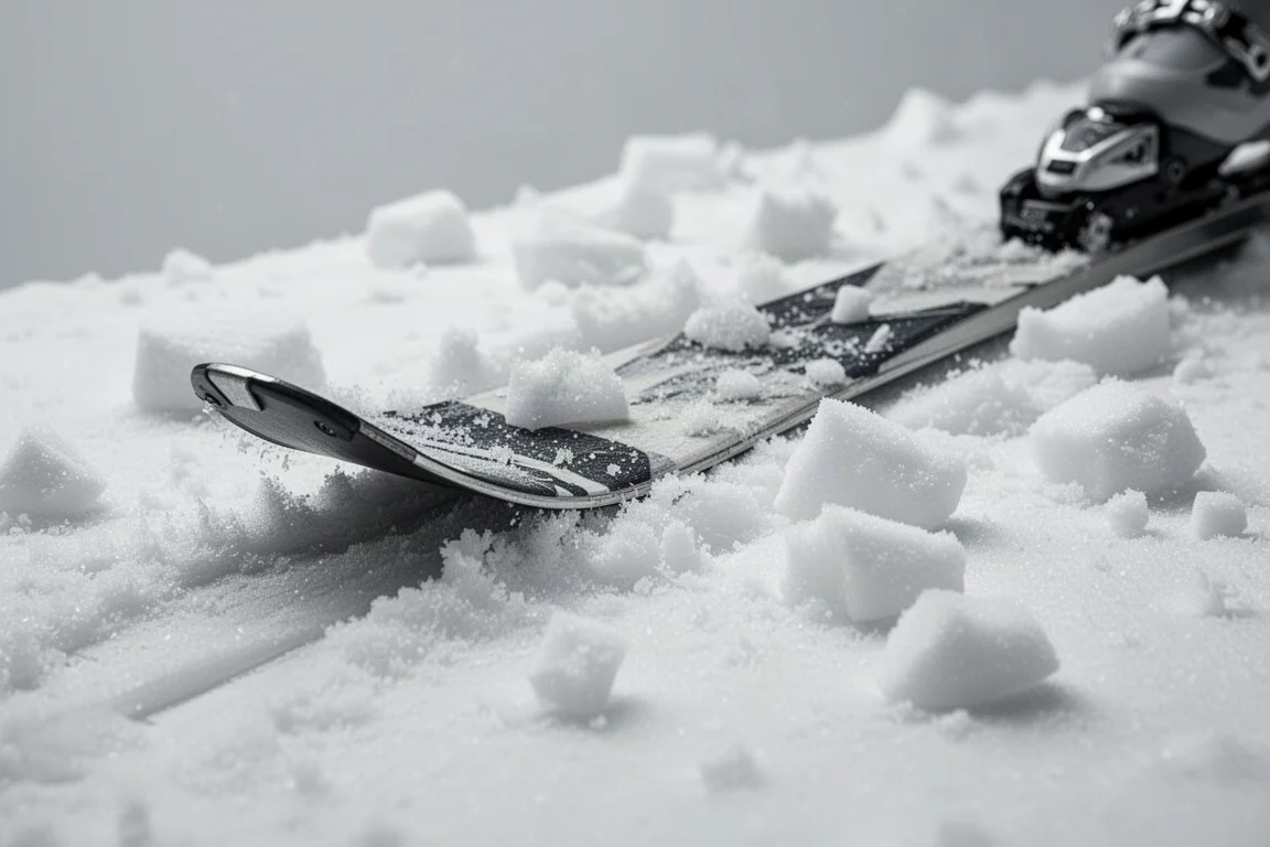 Close-up of ski edges cutting through choppy variable snow