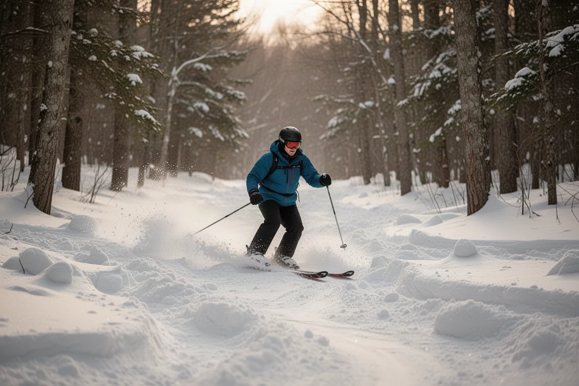 Skier pushing through choppy spring snow on an east coast trail