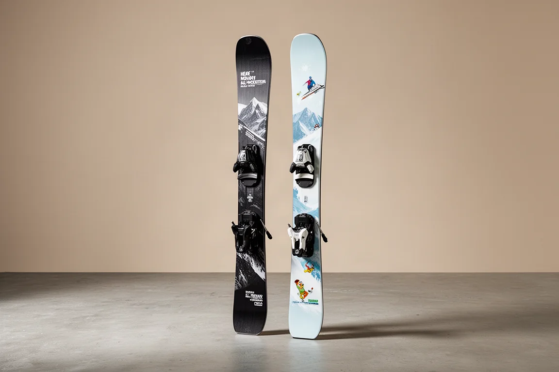 Two pairs of all-mountain skis standing side by side on a concrete surface