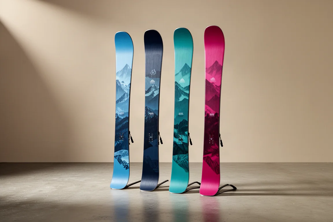 Four Nordica Santa Ana skis of different widths standing upright in a row
