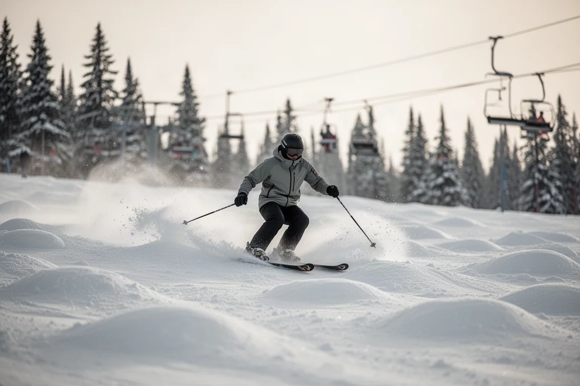 Skifahrerin windet sich bei Sonnenschein durch ein Buckelpiste-Feld, Schnee spritzt auf
