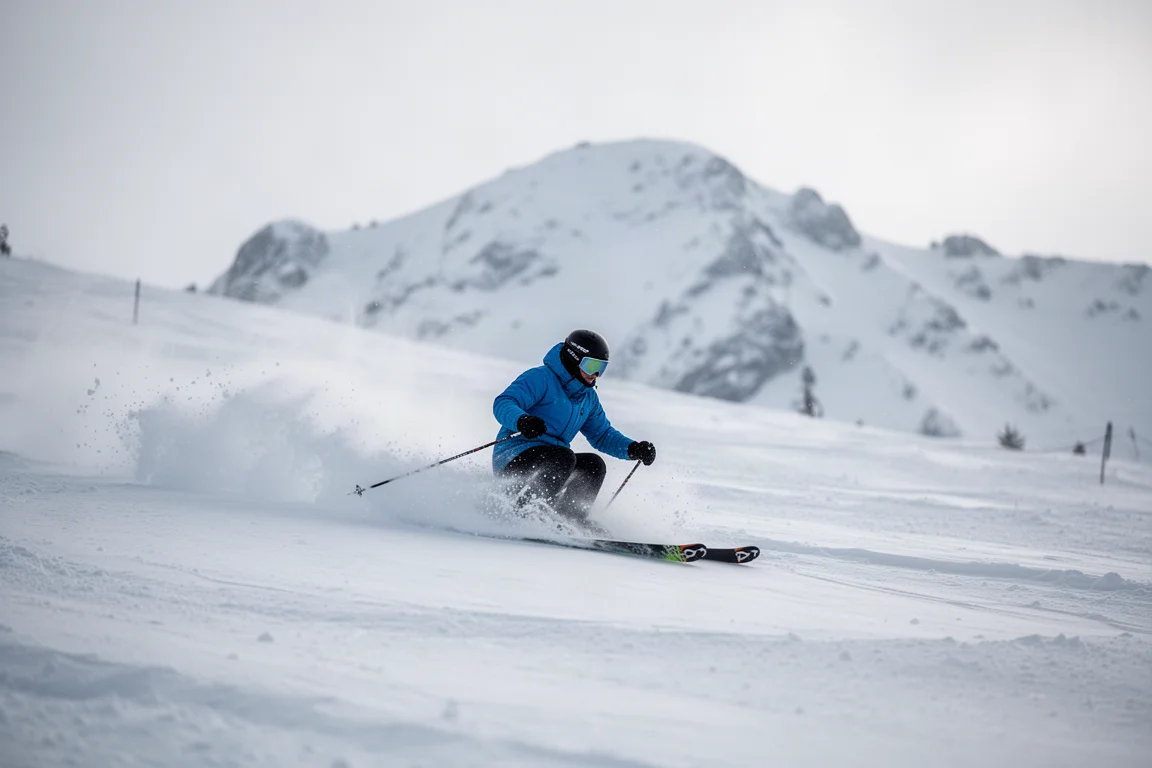 Skifahrerin zieht eine lange Schwungkurve durch frischen Pulverschnee, Schnee spritzt hinterher